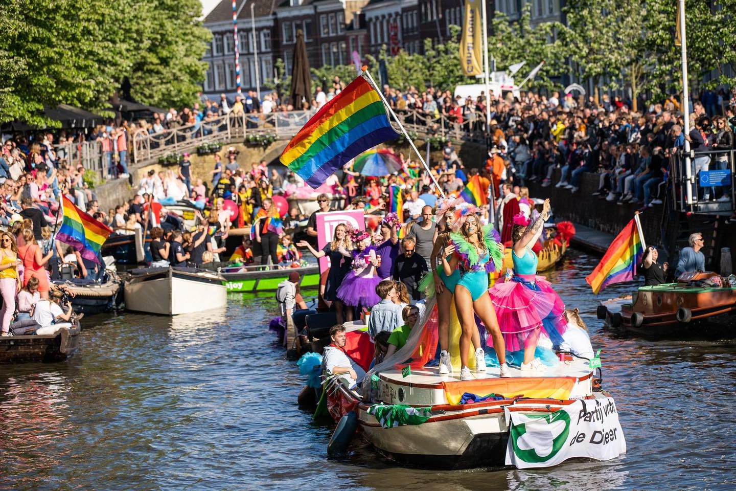 Regenboogvlaggen sieren 16 oktober Leeuwarden op Roze Zaterdag